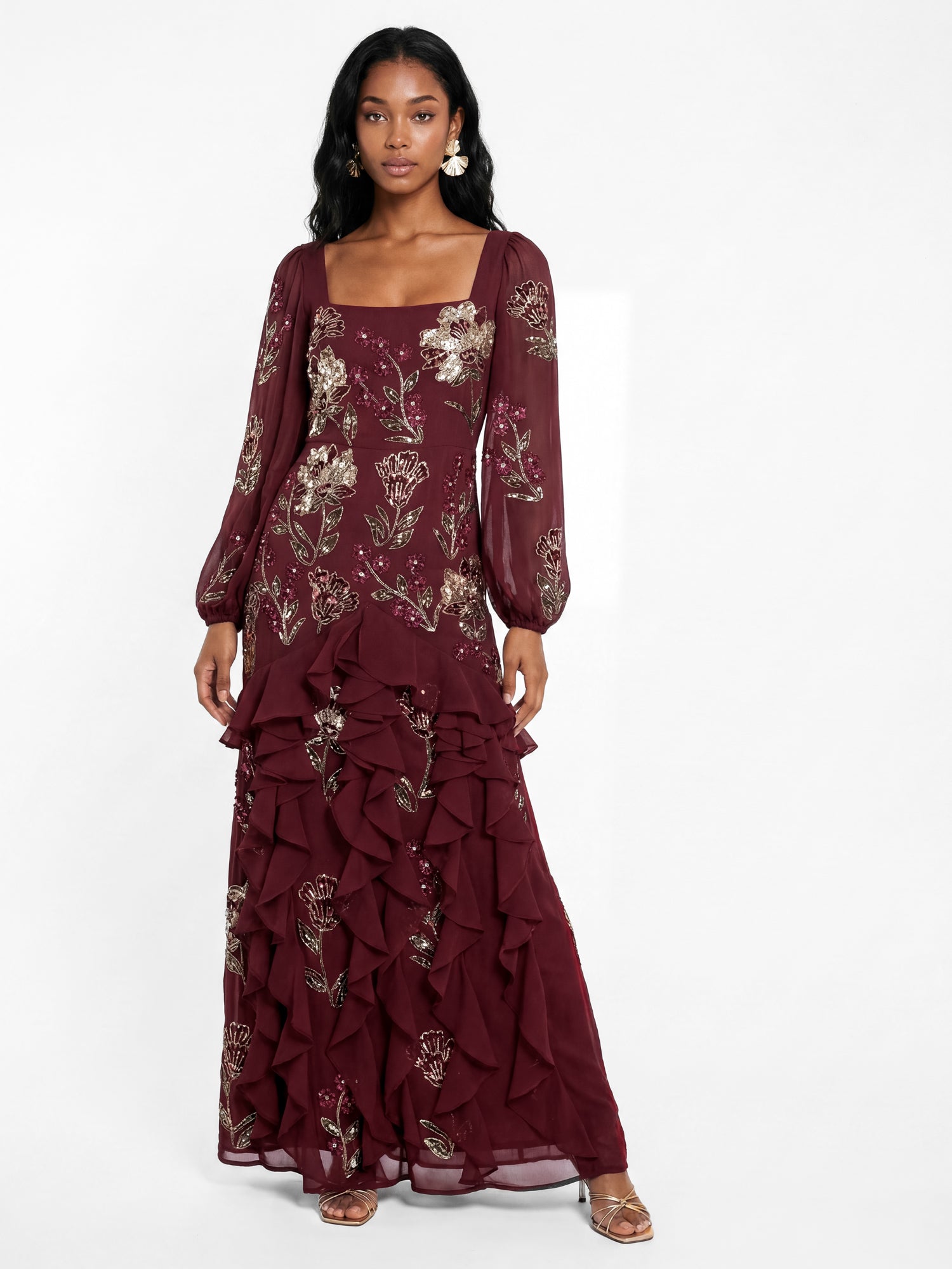 Maya Ruby Embellished Blouson Sleeve Ruffle Maxi Dress