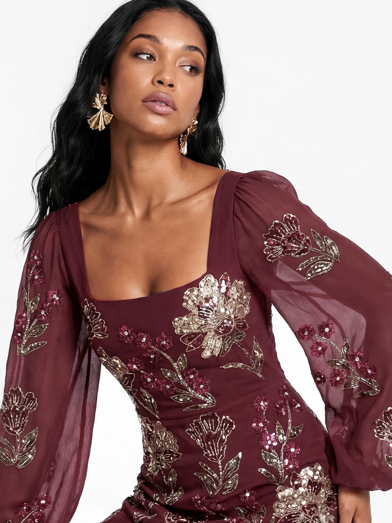 Maya Ruby Embellished Blouson Sleeve Ruffle Maxi Dress