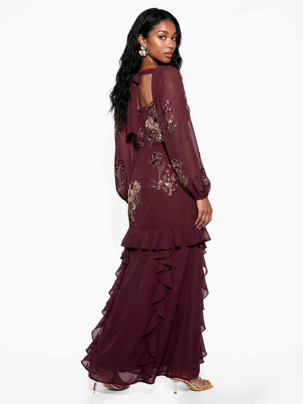 Maya Ruby Embellished Blouson Sleeve Ruffle Maxi Dress