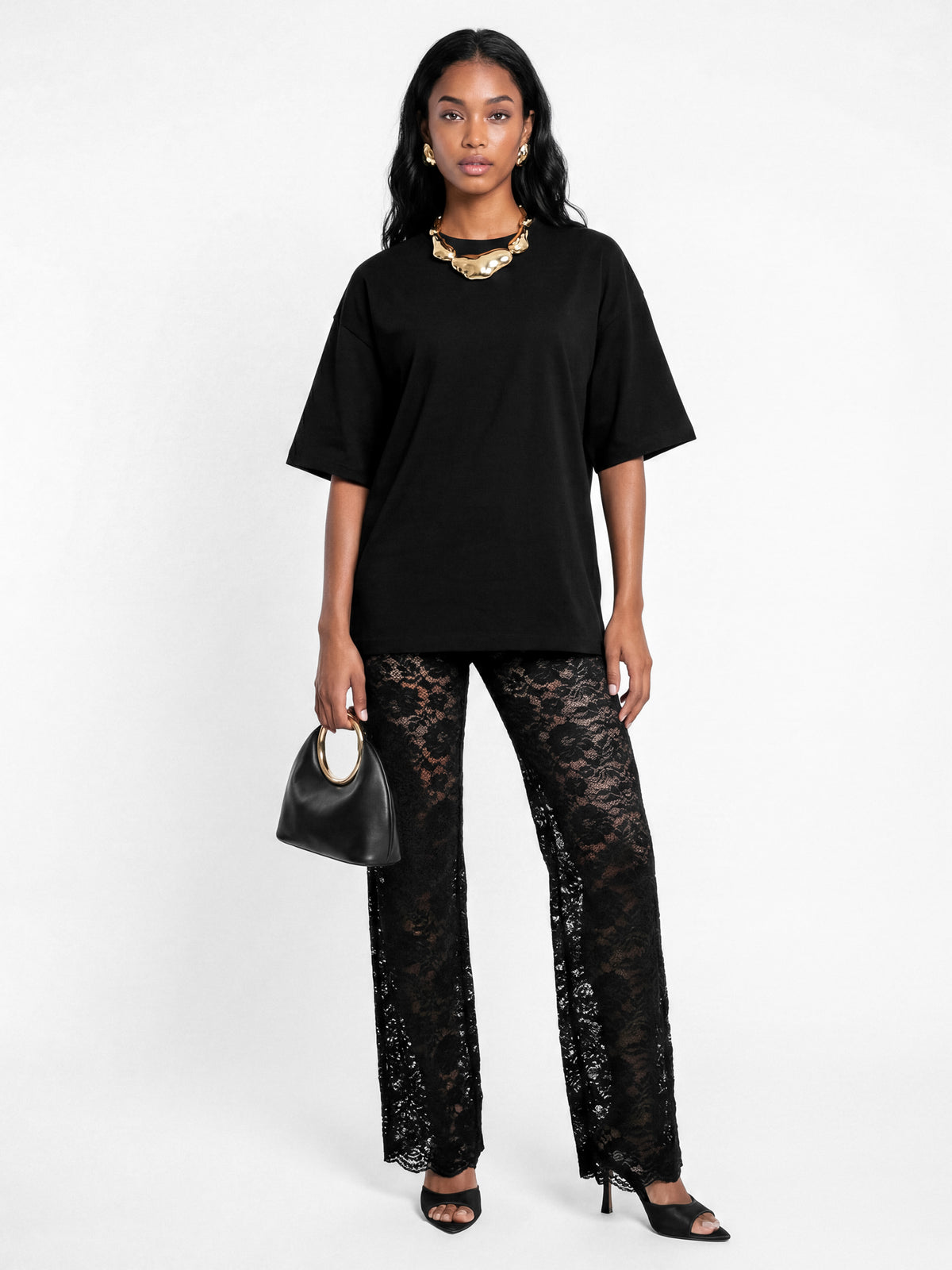 Maya Black Floral Lace High Waist Trousers