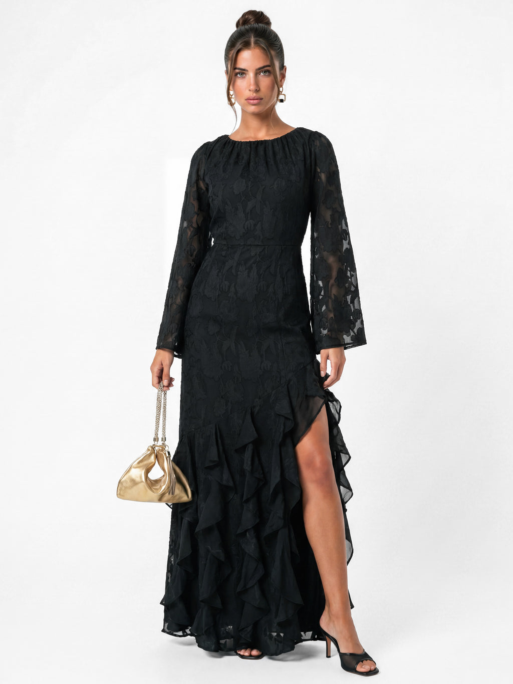 Anaya With Love Recycled Black Floral Burnout Gathered Round Neck Waterfall Ruffle Maxi Dress