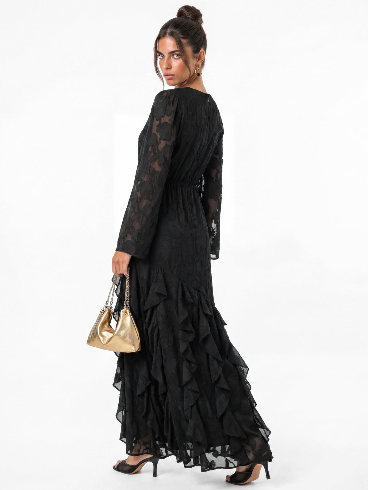 Anaya With Love Recycled Black Floral Burnout Gathered Round Neck Waterfall Ruffle Maxi Dress