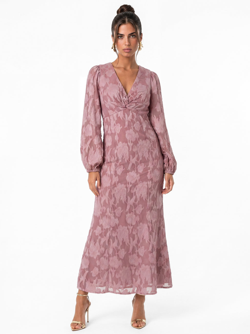 Anaya With Love Recycled Twilight Mauve Floral Burnout Twist Midaxi Dress
