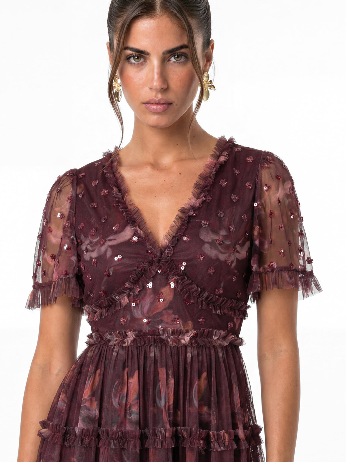 Anaya With Love Recycled Embellished Floral Print Tiered Mini Dress