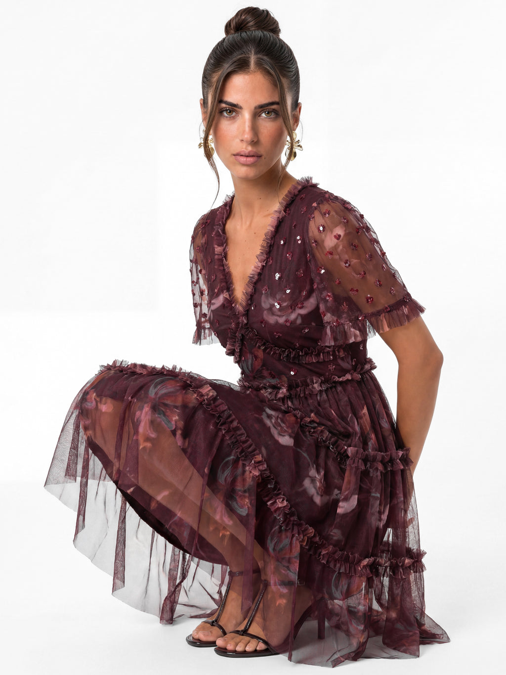 Anaya With Love Recycled Embellished Floral Print Tiered Mini Dress
