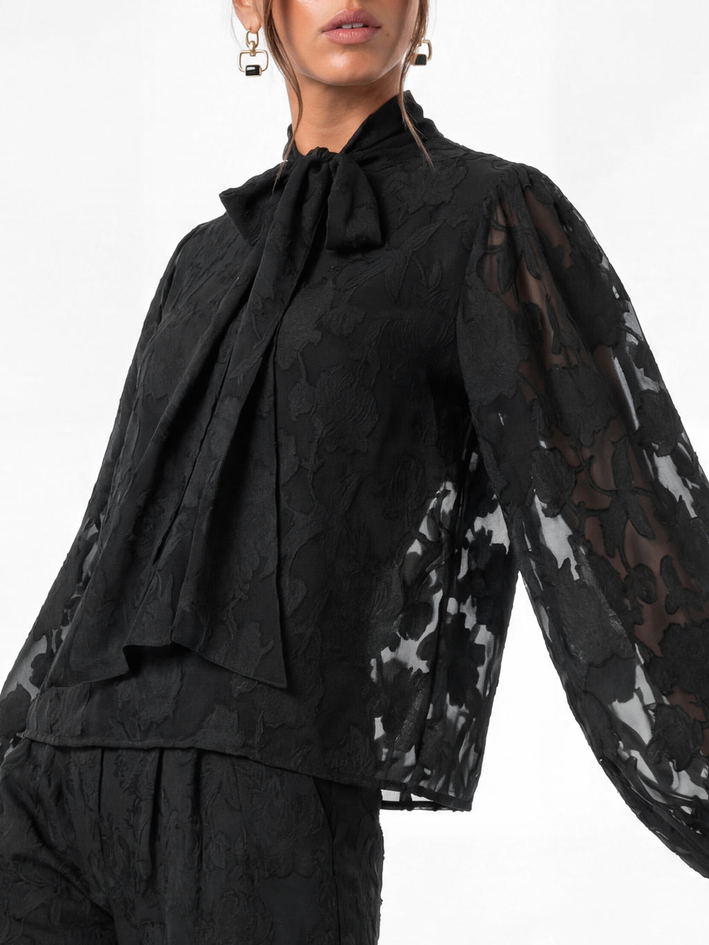Anaya With Love Recycled Black Floral Burnout Tie Neck Blouse