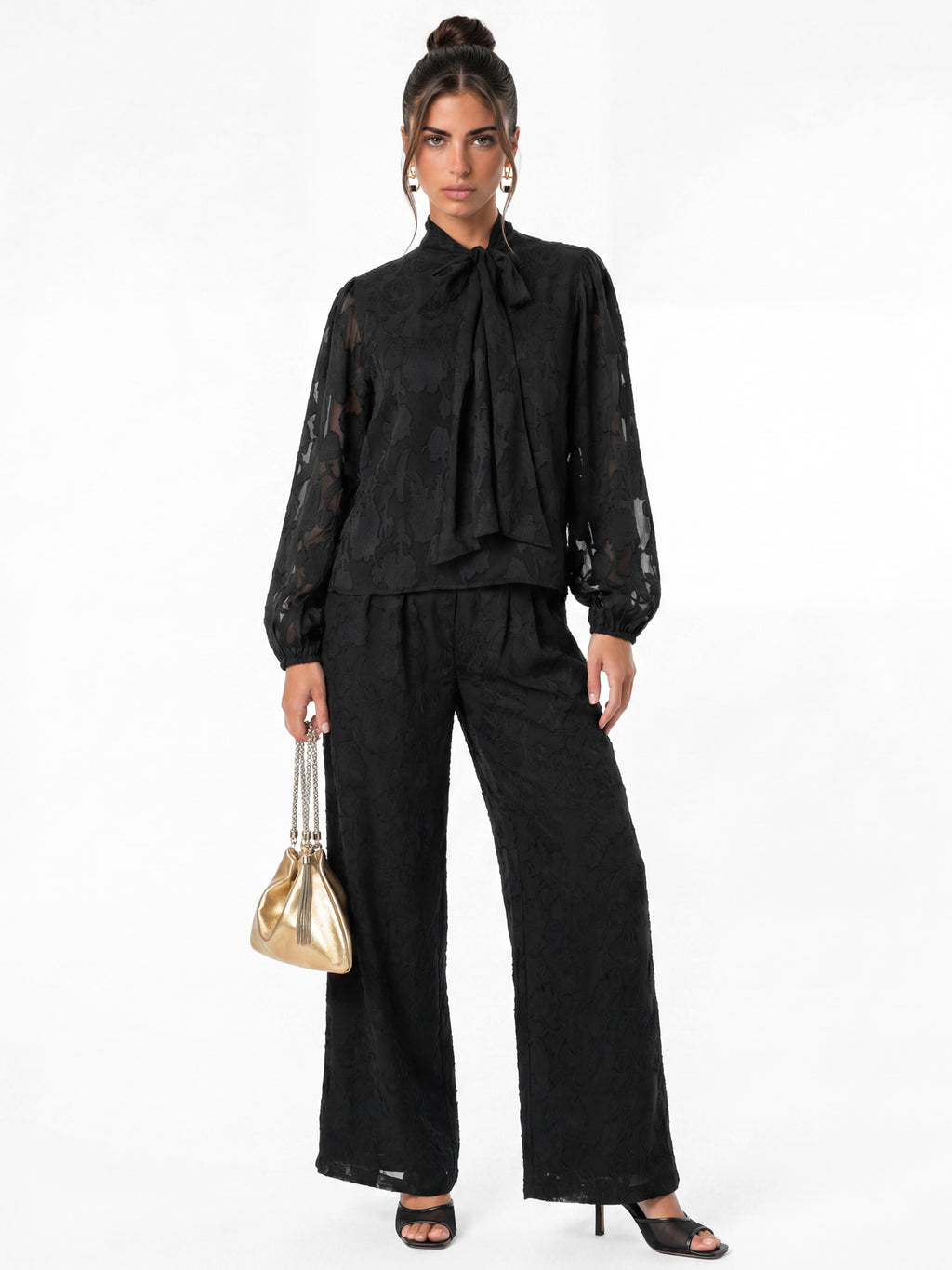 Anaya With Love Recycled Black Floral Burnout Tie Neck Blouse