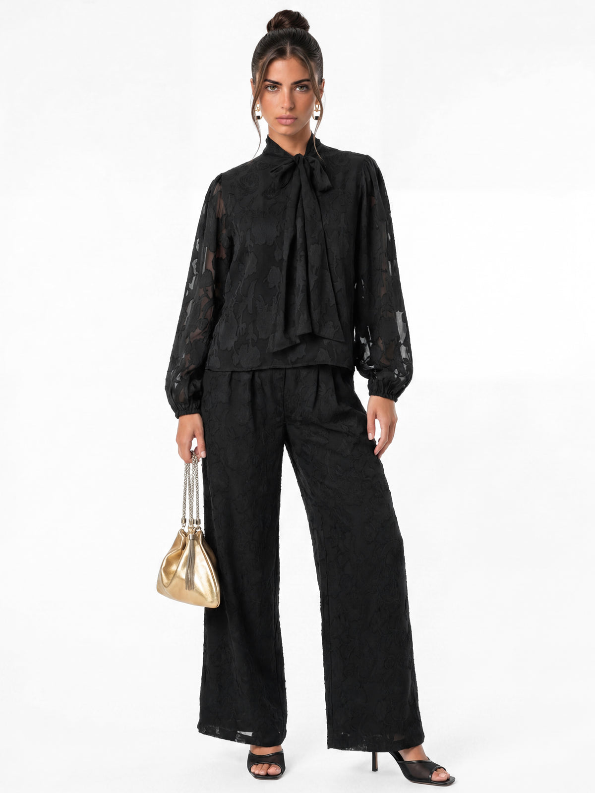 Anaya With Love Recycled Black Floral Burnout High Waist Wide Leg Trousers