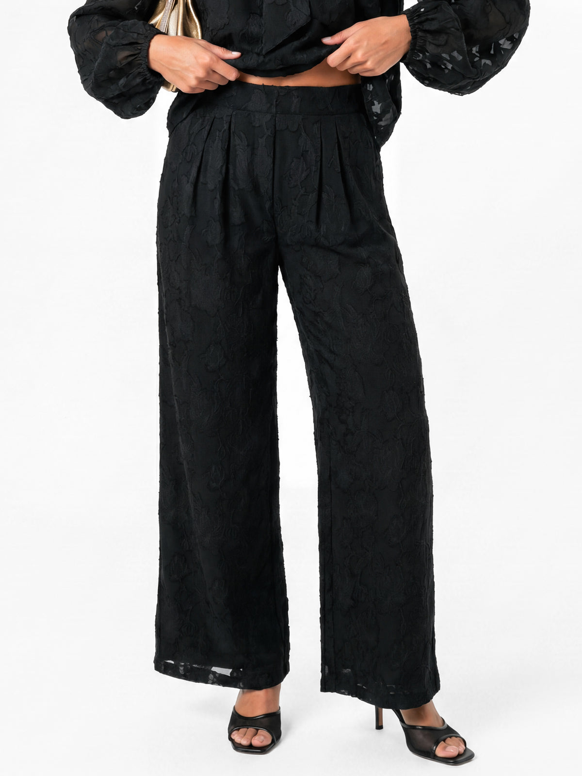 Anaya With Love Recycled Black Floral Burnout High Waist Wide Leg Trousers