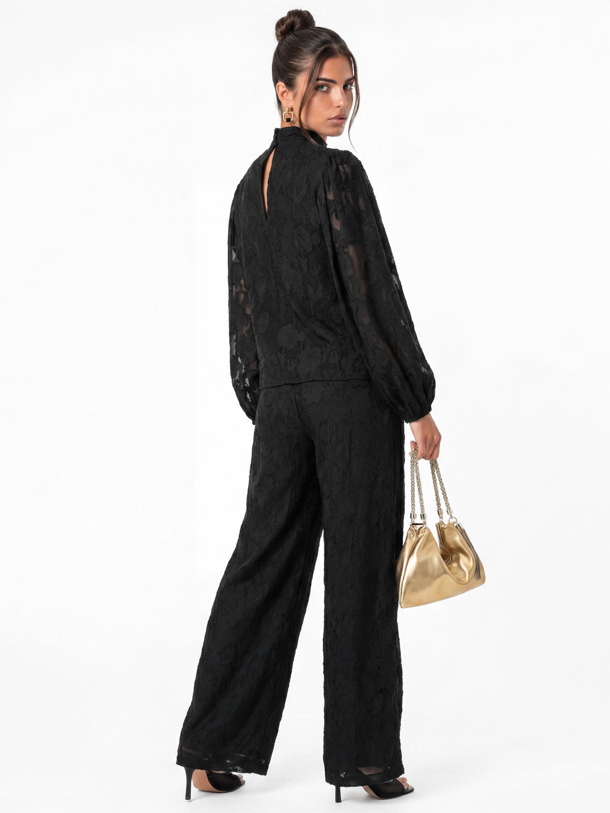 Anaya With Love Recycled Black Floral Burnout High Waist Wide Leg Trousers