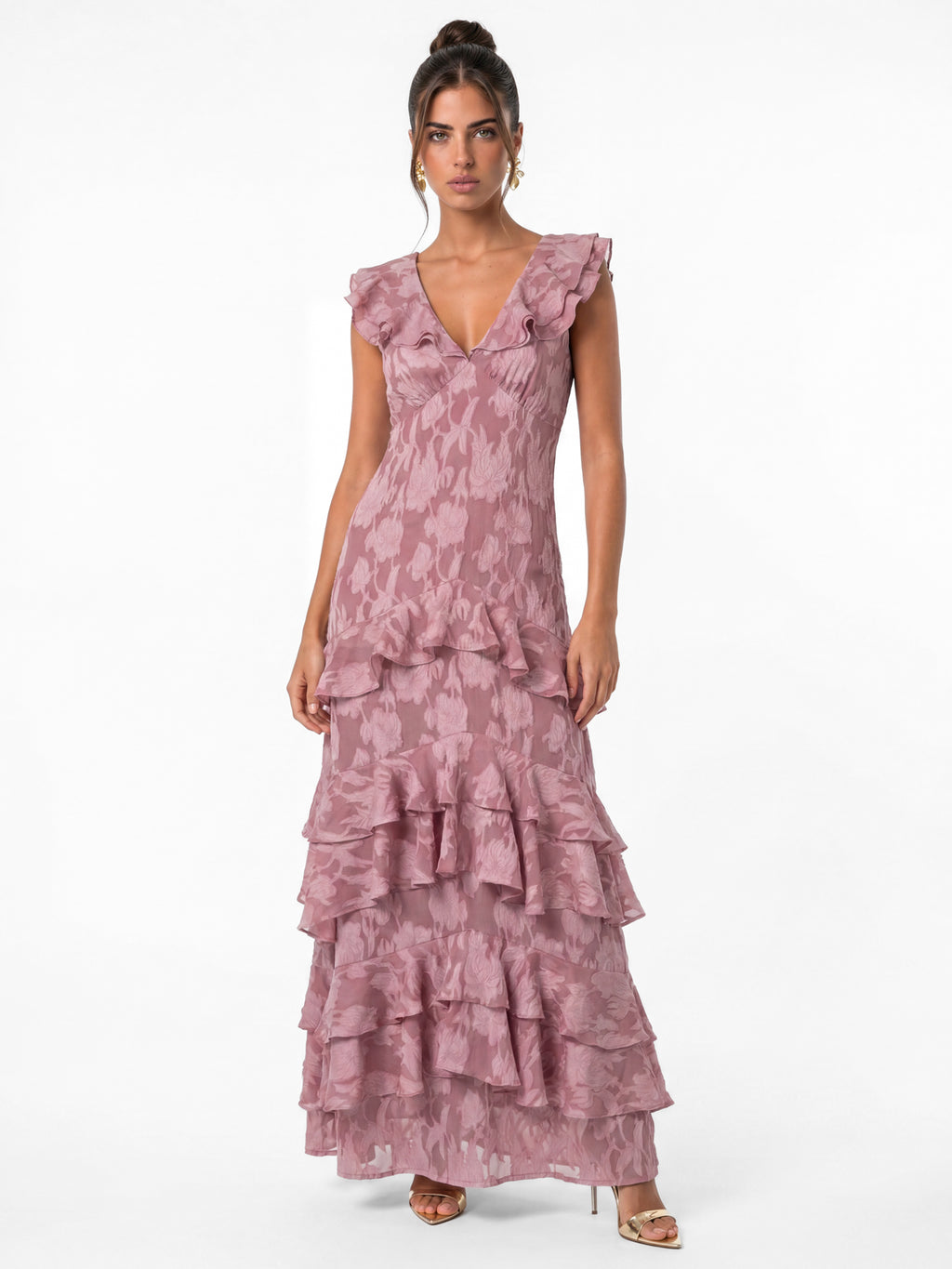 Anaya With Love Recycled Twilight Mauve V Neck Tiered Maxi Dress
