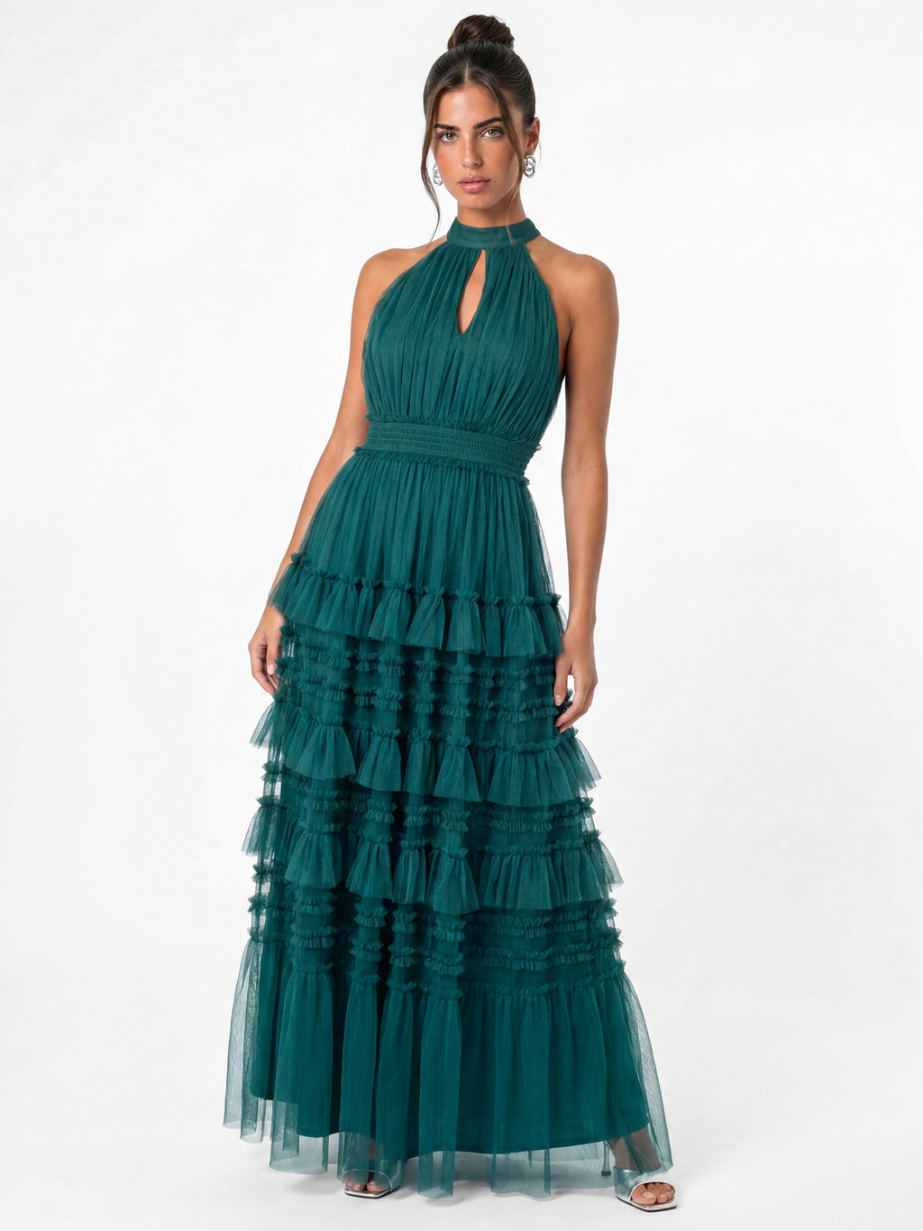 Anaya With Love Recycled Teal Halter Neck Tiered Maxi Dress