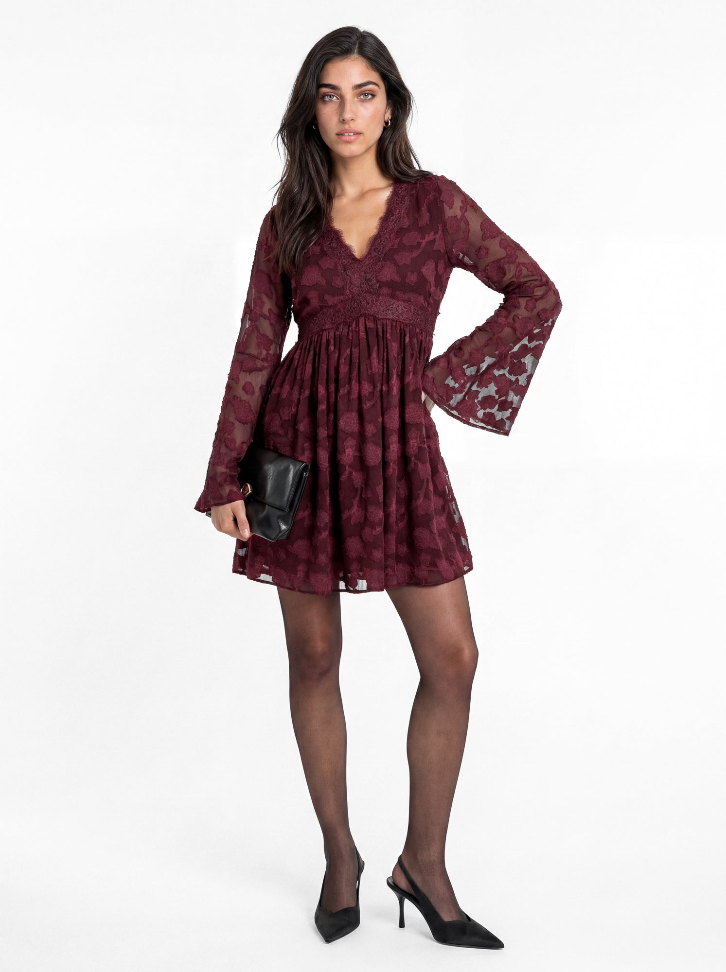 Lovedrobe Berry Floral Burnout Lace Detail Long Sleeve Mini Dress