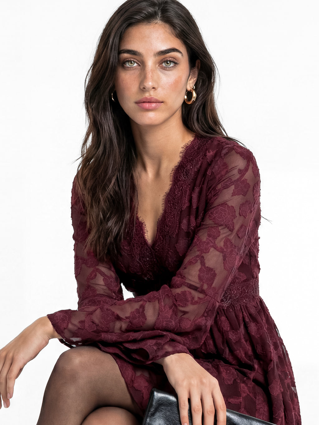 Lovedrobe Berry Floral Burnout Lace Detail Long Sleeve Mini Dress