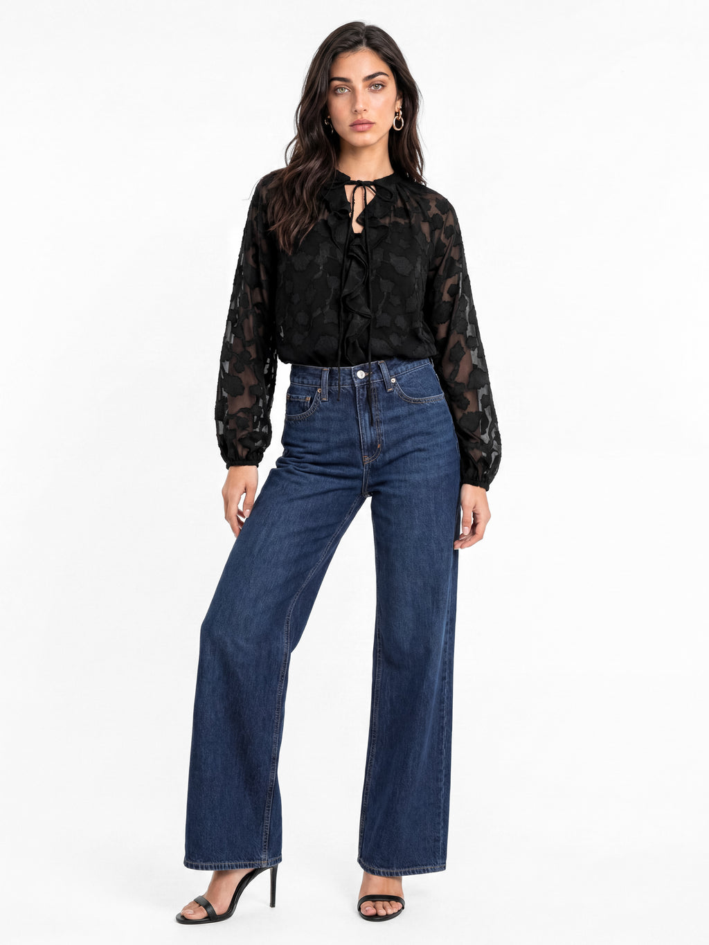 Lovedrobe Black Floral Burnout Raglan Sleeve Ruffle Blouse