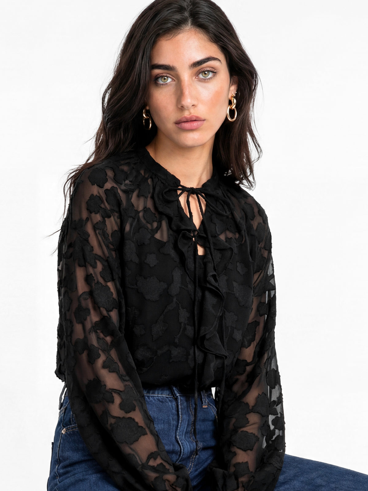 Lovedrobe Black Floral Burnout Raglan Sleeve Ruffle Blouse
