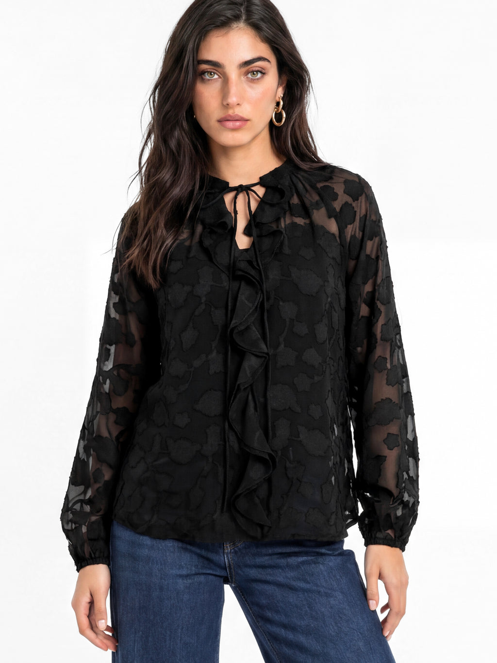 Lovedrobe Black Floral Burnout Raglan Sleeve Ruffle Blouse
