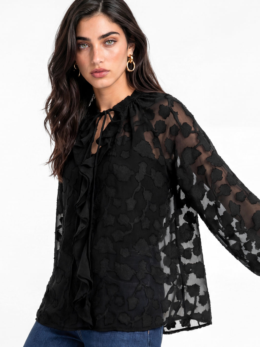 Lovedrobe Black Floral Burnout Raglan Sleeve Ruffle Blouse