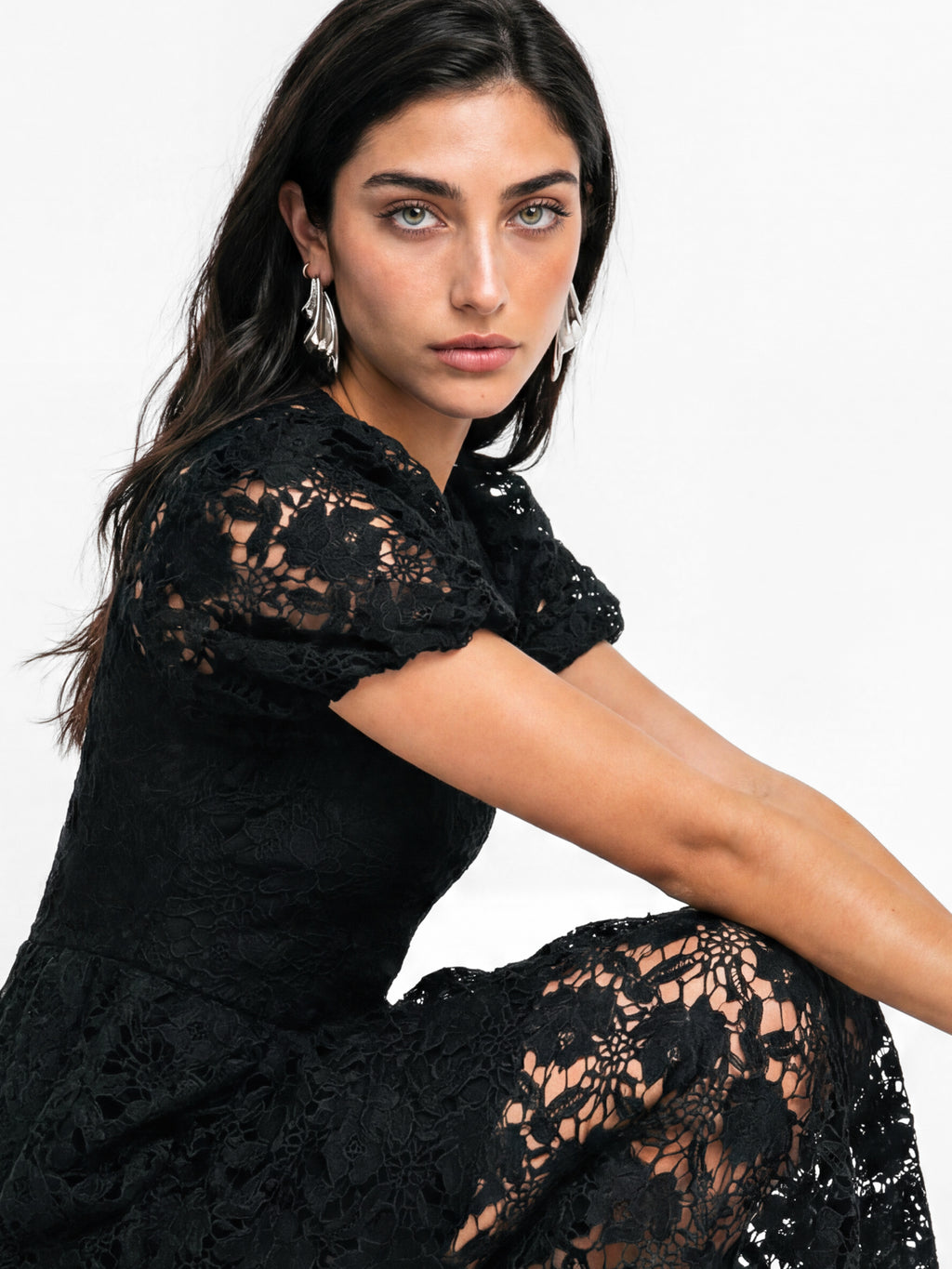 Lovedrobe Black Floral Lace Puff Sleeve Midaxi Dress