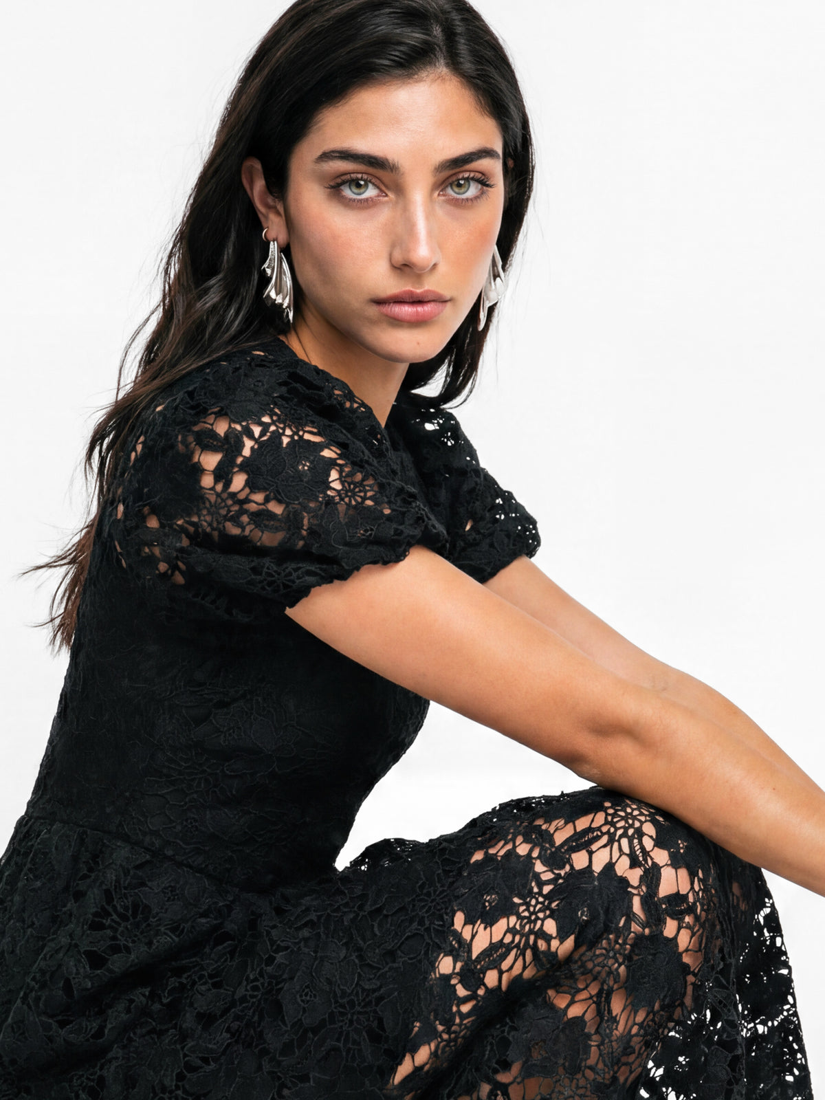 Lovedrobe Black Floral Lace Puff Sleeve Midaxi Dress