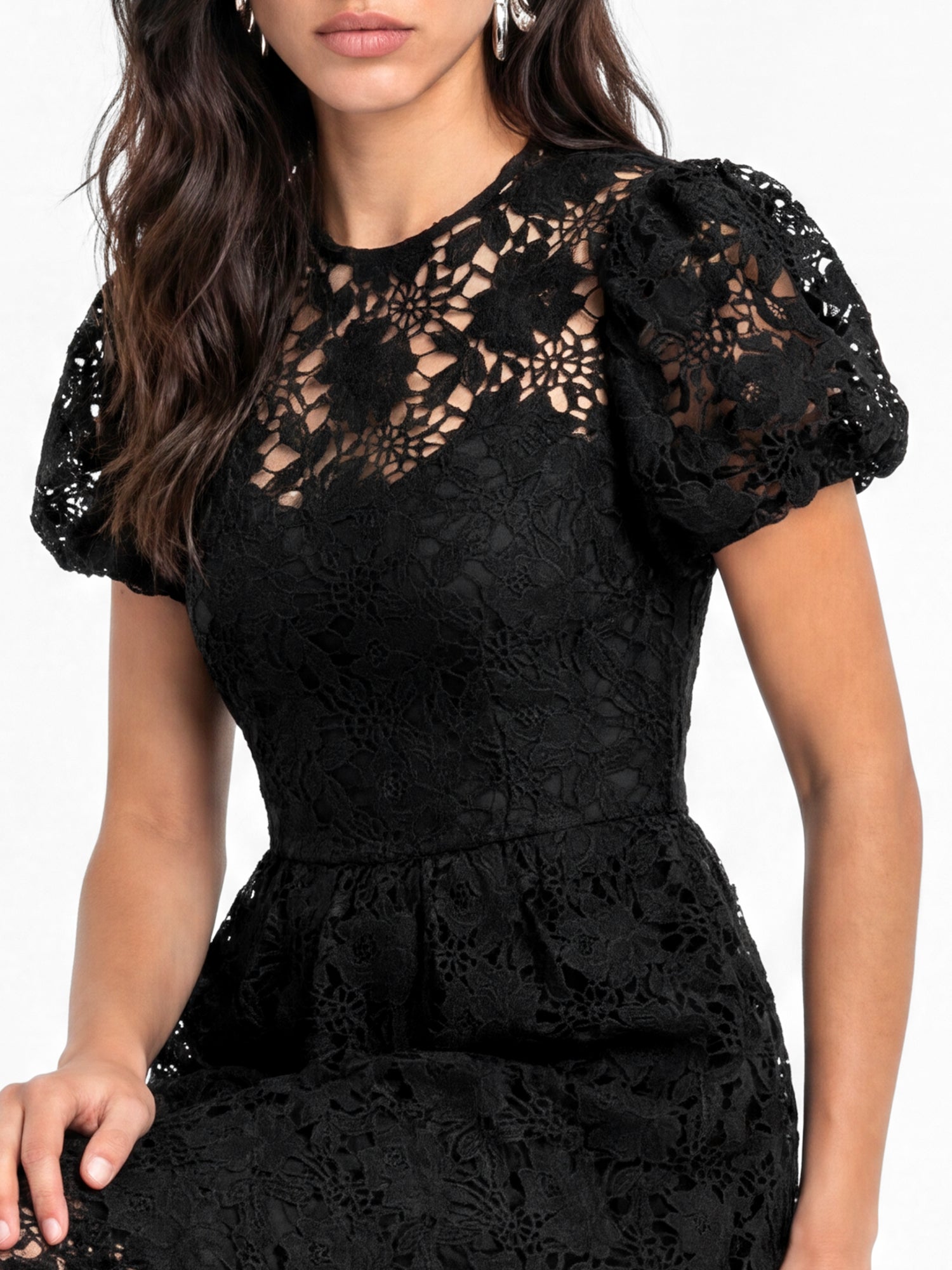 Lovedrobe Black Floral Lace Puff Sleeve Midaxi Dress
