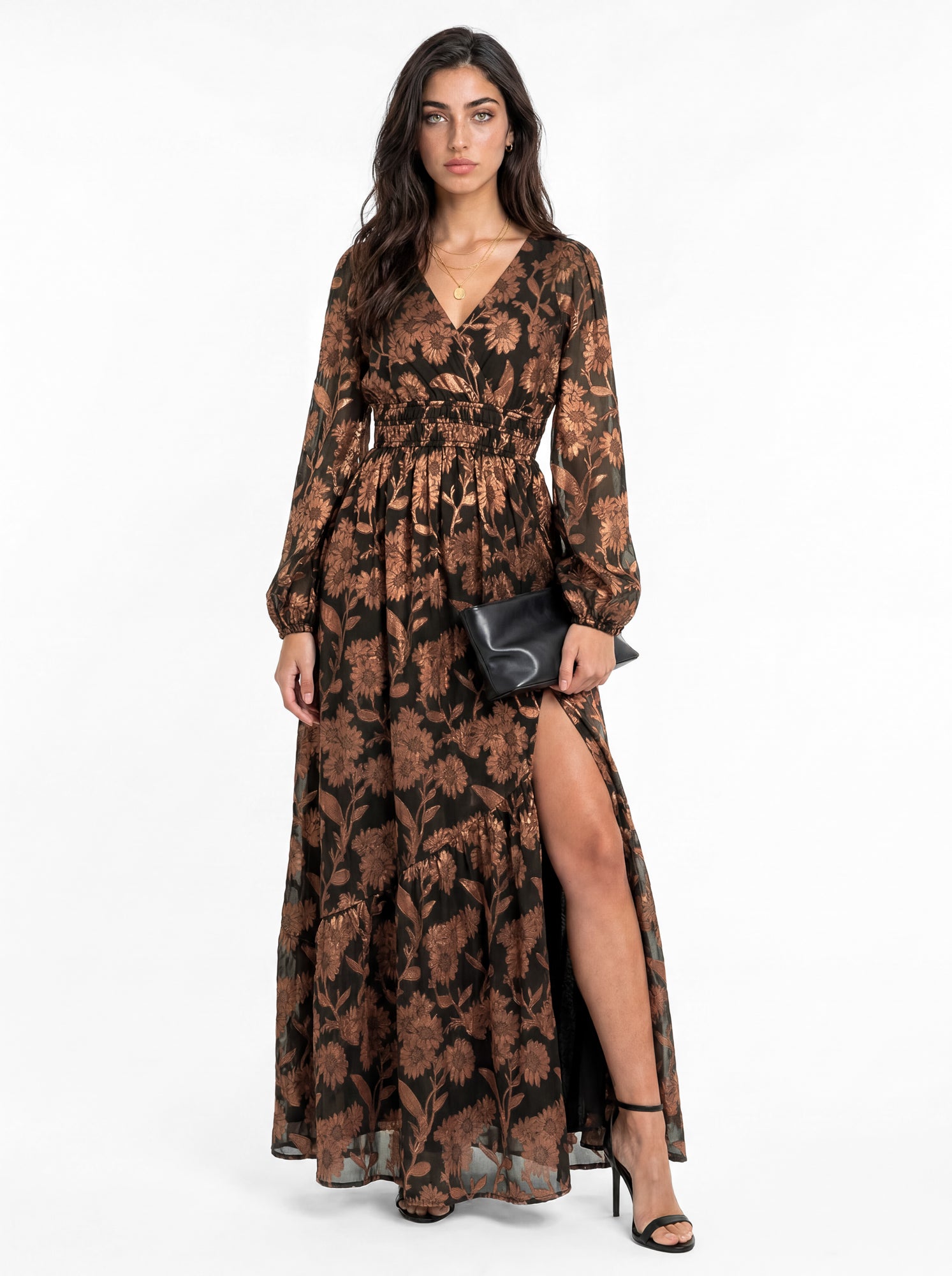 Lovedrobe Floral Jacquard Faux Wrap Long Sleeve & Tie Back Maxi Dress