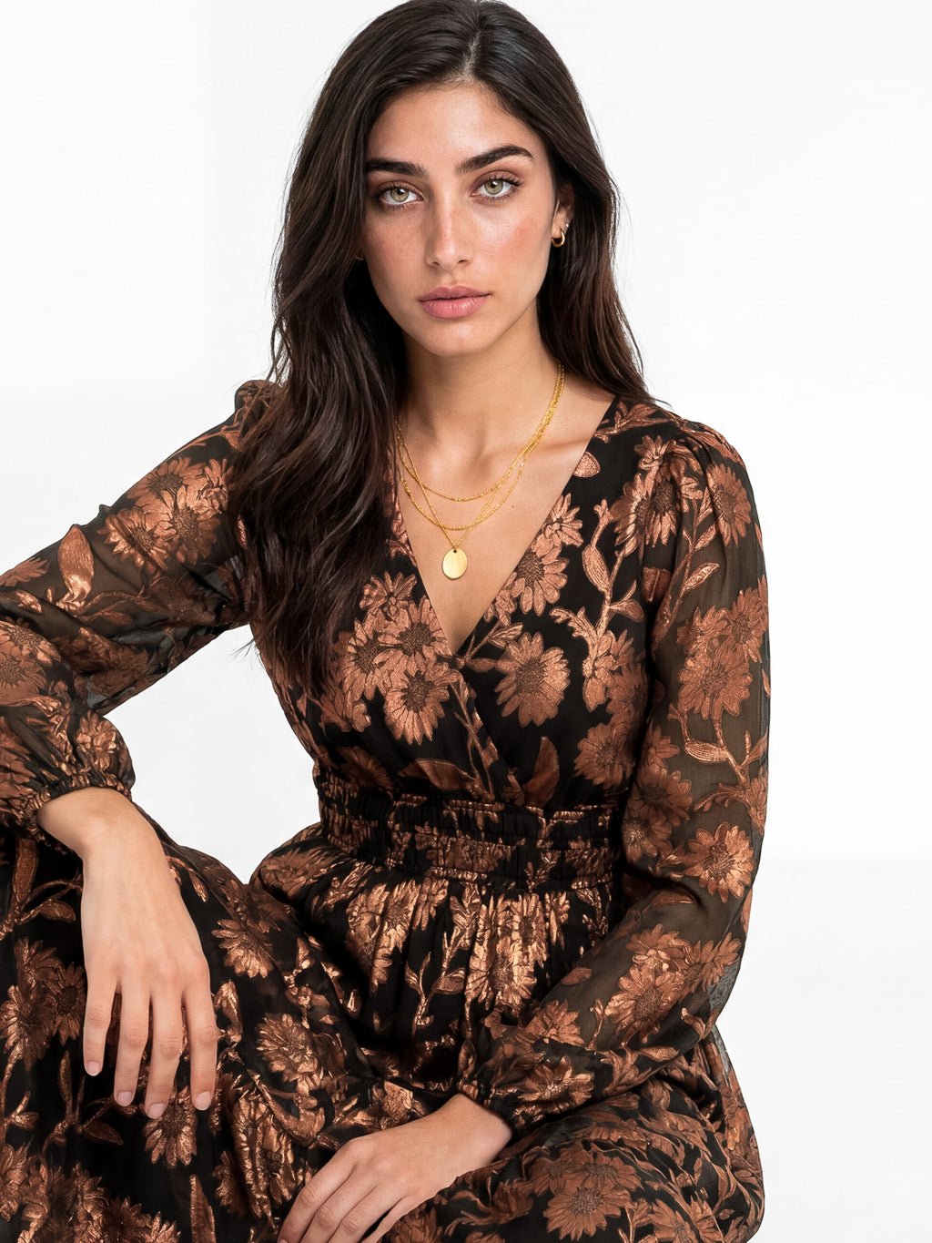 Lovedrobe Floral Jacquard Faux Wrap Long Sleeve & Tie Back Maxi Dress