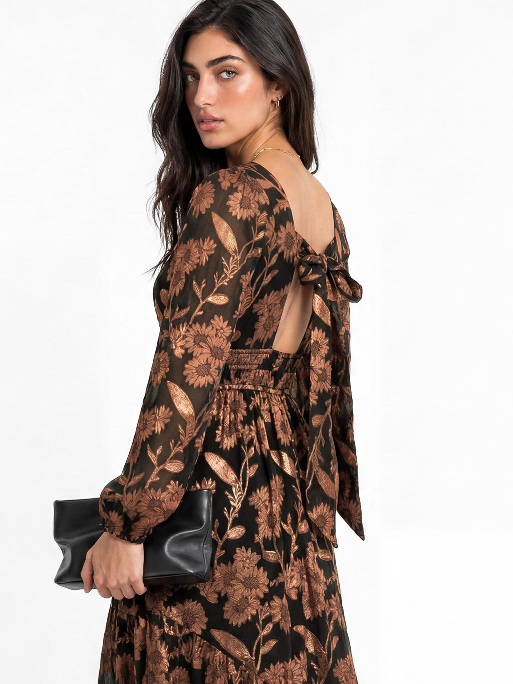 Lovedrobe Floral Jacquard Faux Wrap Long Sleeve & Tie Back Maxi Dress