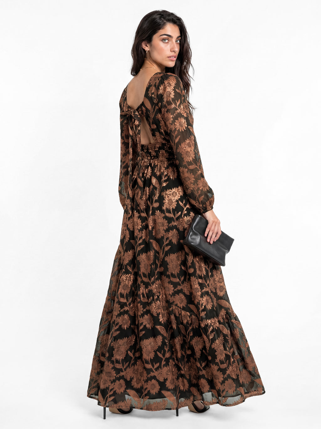 Lovedrobe Floral Jacquard Faux Wrap Long Sleeve & Tie Back Maxi Dress