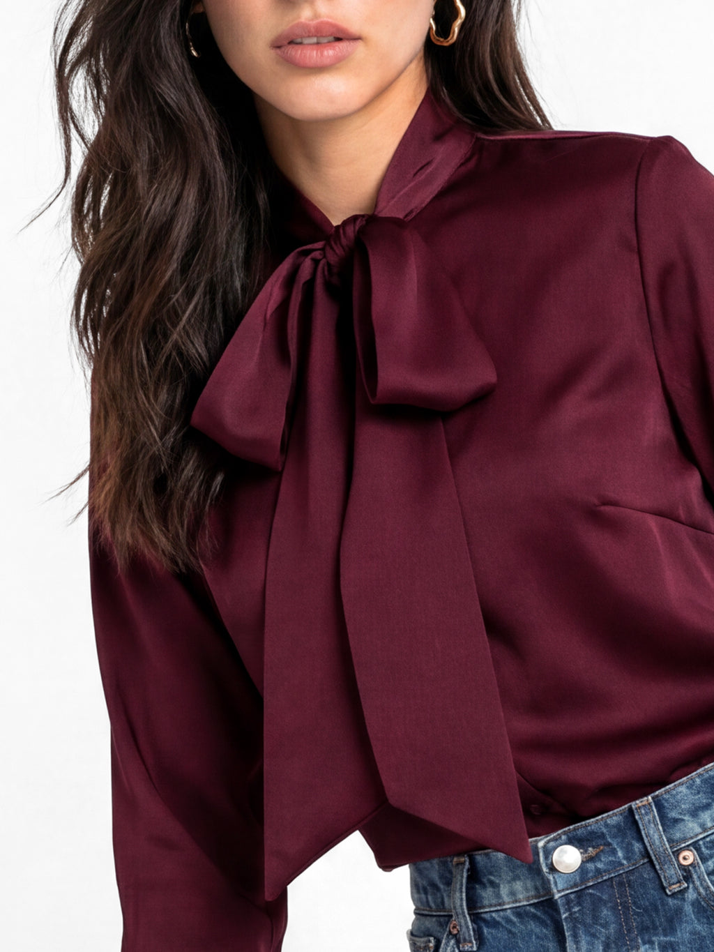 Lovedrobe Berry Pussybow Collar & Feather Cuffs Satin Blouse