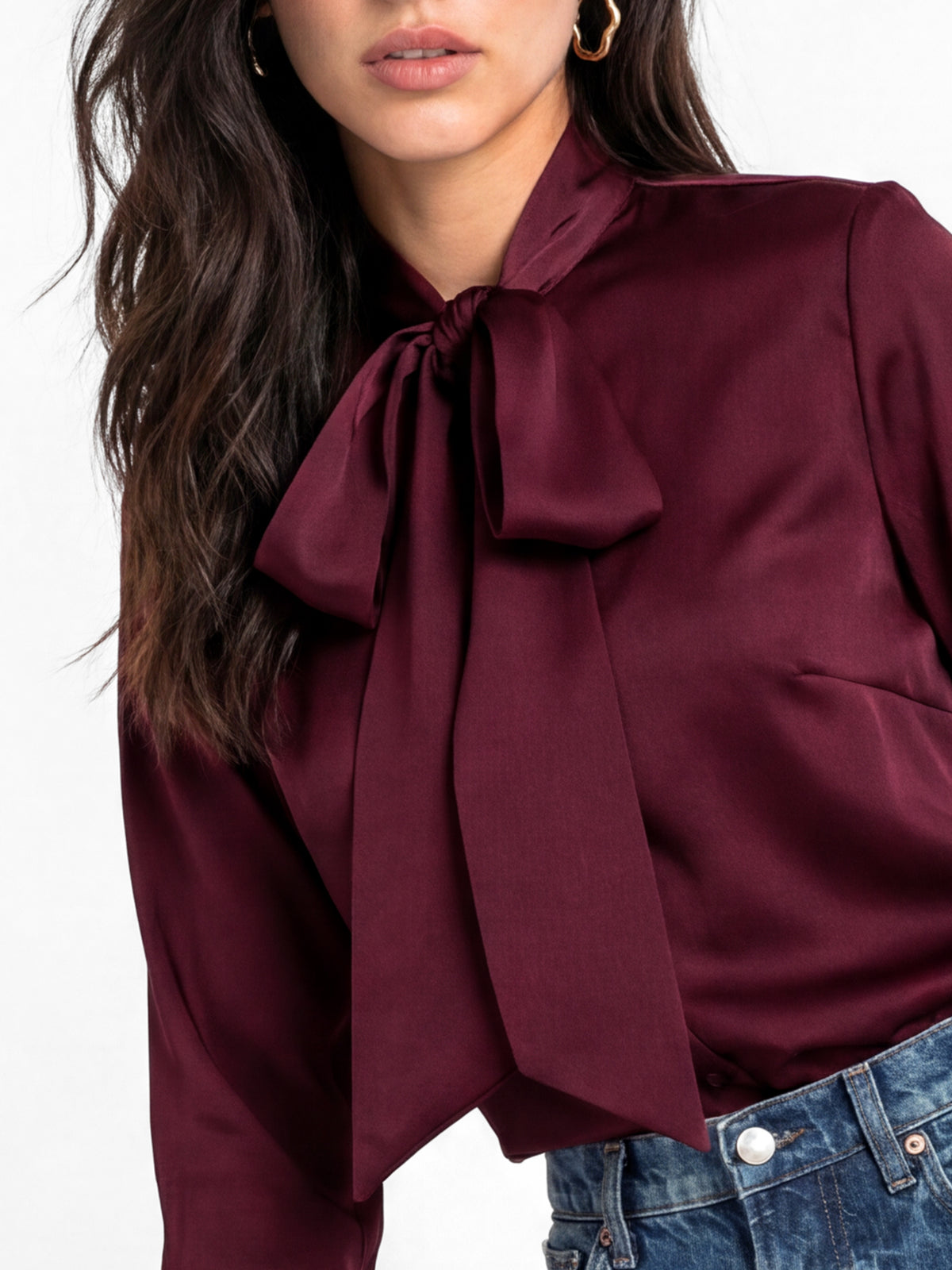 Lovedrobe Berry Pussybow Collar & Feather Cuffs Satin Blouse