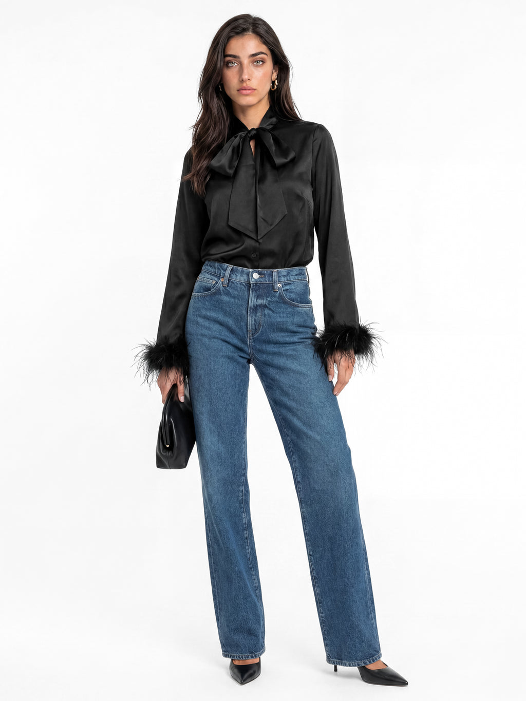 Lovedrobe Black Pussybow Collar & Feather Cuffs Satin Blouse