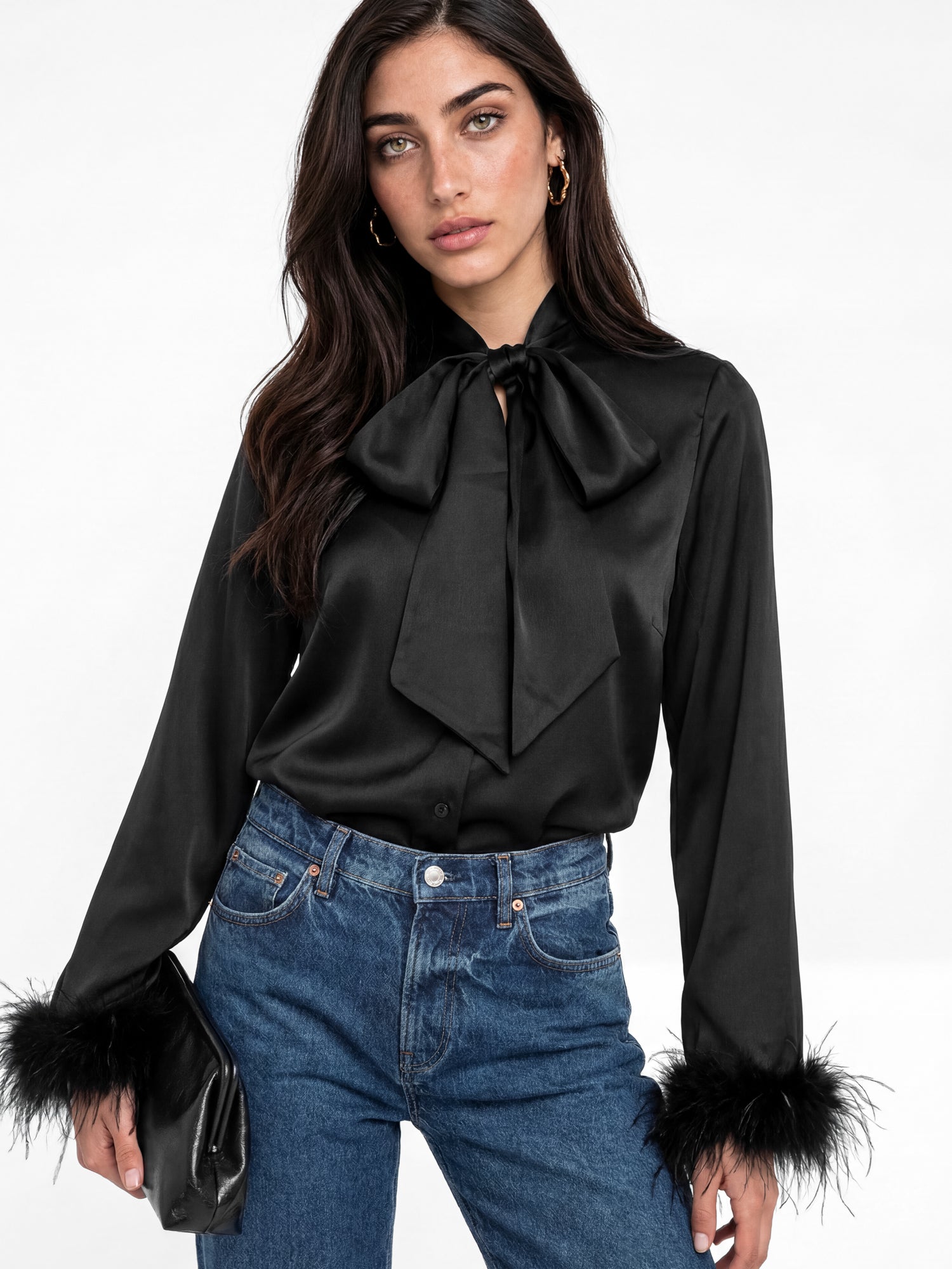 Lovedrobe Black Pussybow Collar & Feather Cuffs Satin Blouse