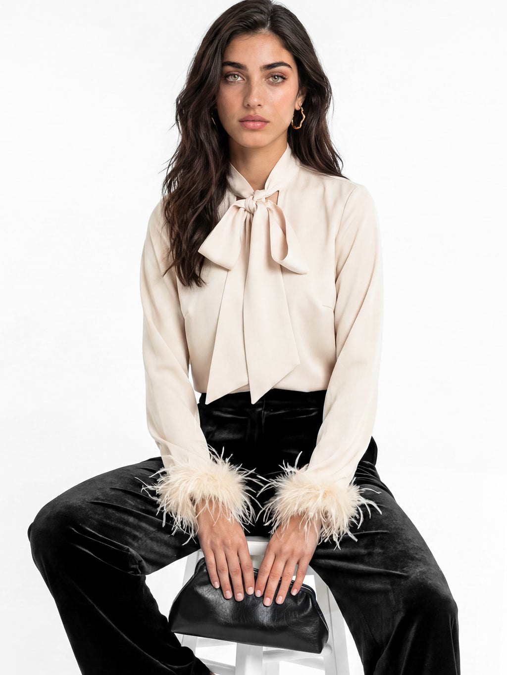 Lovedrobe Champagne Pussybow Collar & Feather Cuffs Satin Blouse