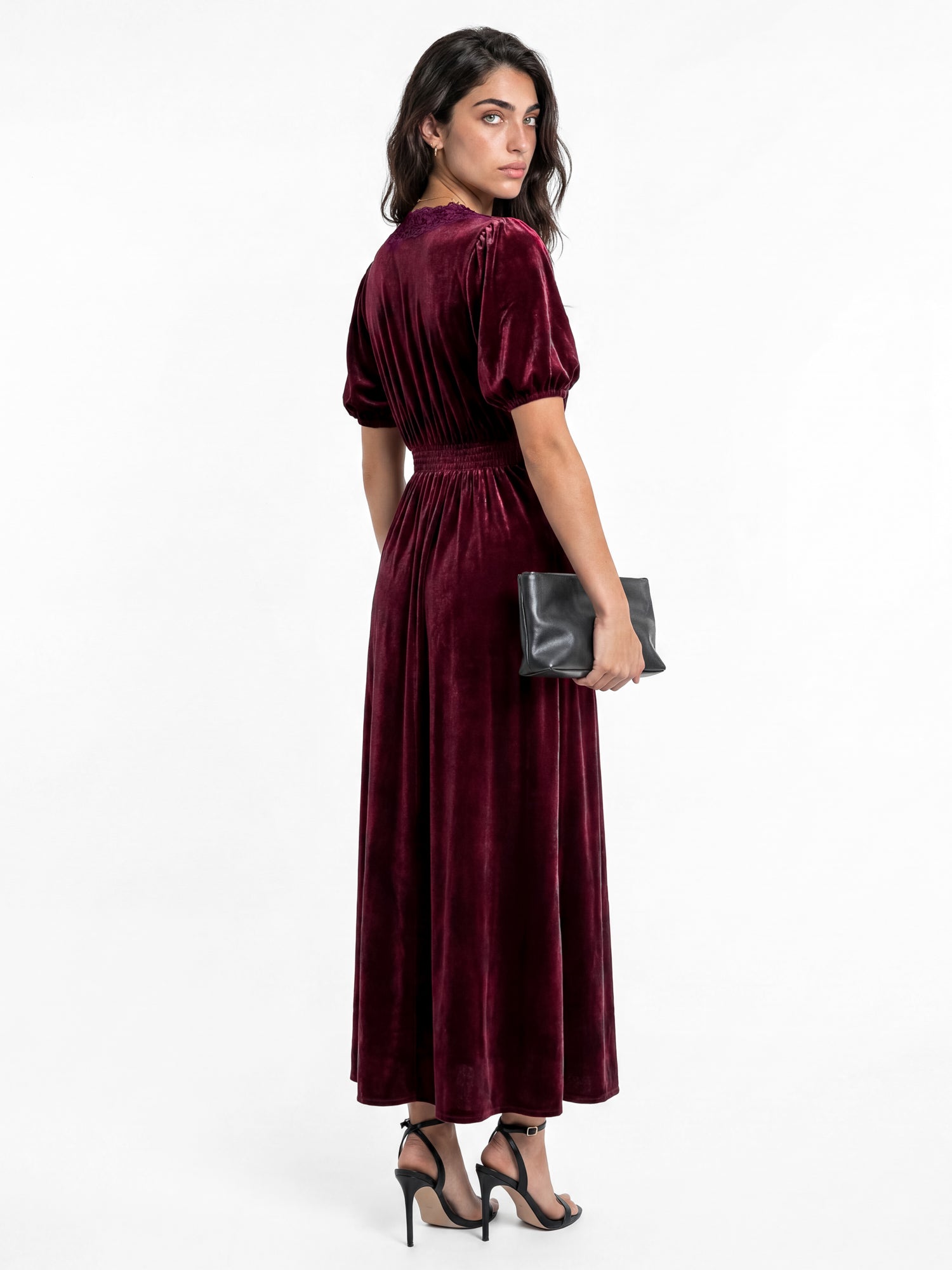 Lovedrobe Berry Short Sleeve V Neck Lace Trim Velvet Midaxi Dress