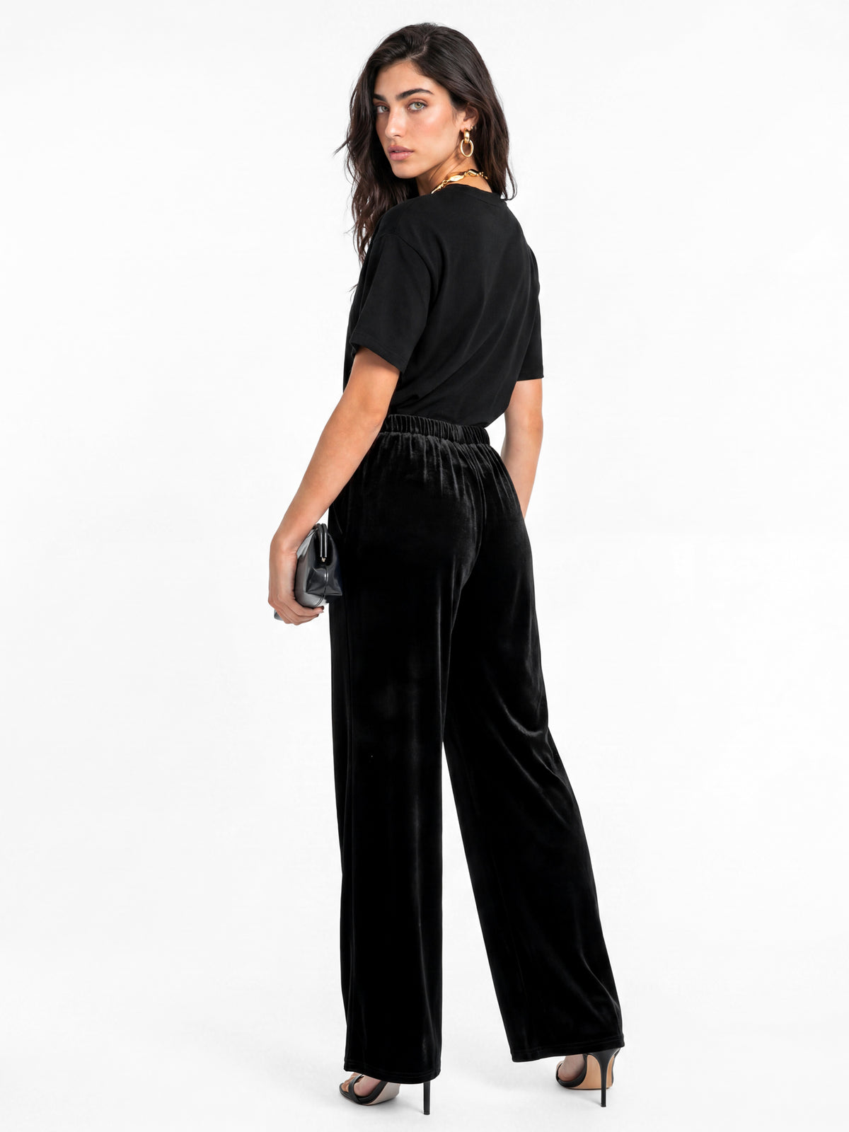 Lovedrobe Black High Waist Wide Leg Velvet Trousers With Pockets