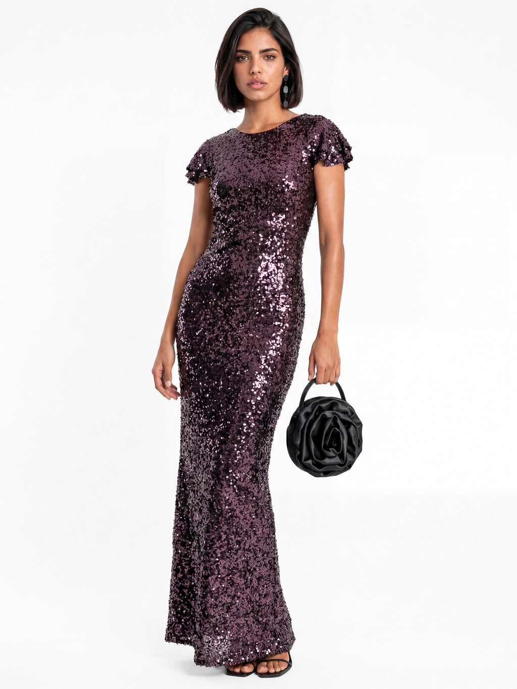Maya Purple Sequin Flutter Sleeve V Back Maxi Dress