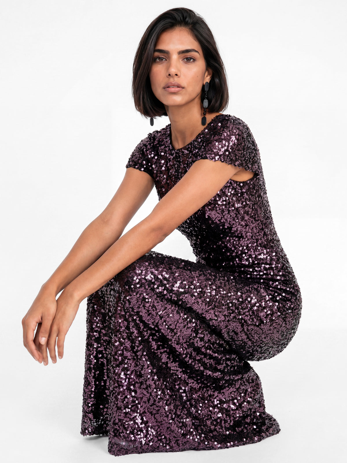 Maya Purple Sequin Flutter Sleeve V Back Maxi Dress
