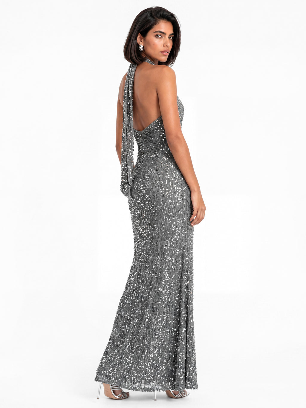 Maya Silver Embellished Halter Neck Velvet Maxi Dress