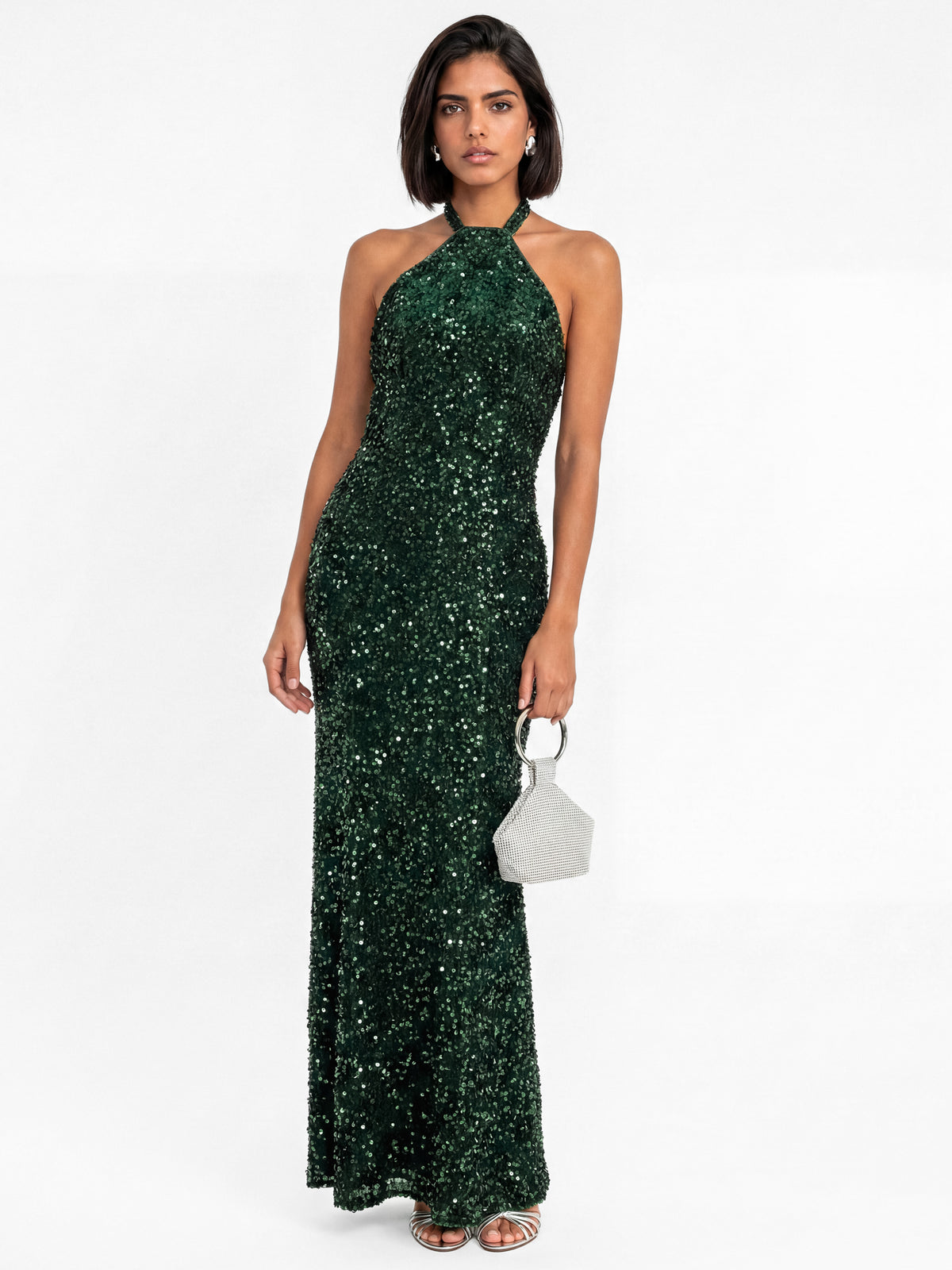 Maya Emerald Green Embellished Halter Neck Velvet Maxi Dress