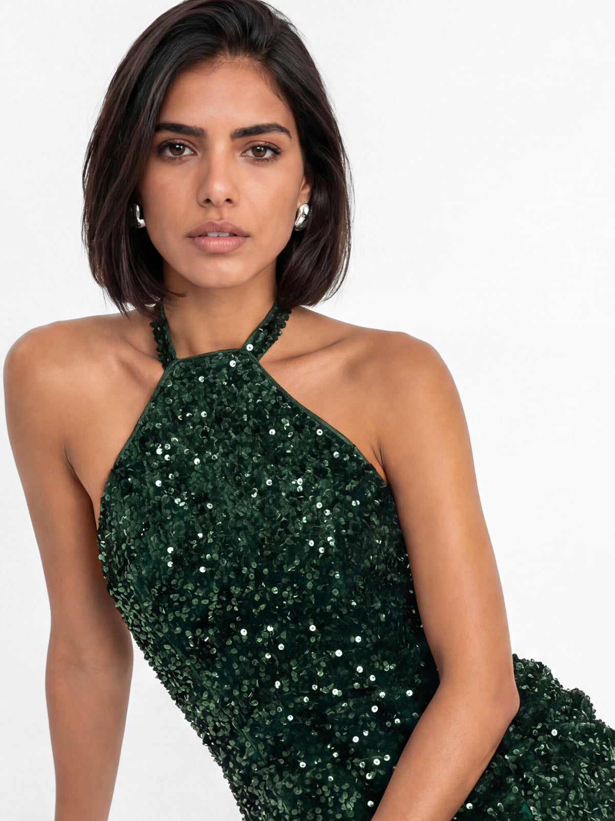 Maya Emerald Green Embellished Halter Neck Velvet Maxi Dress