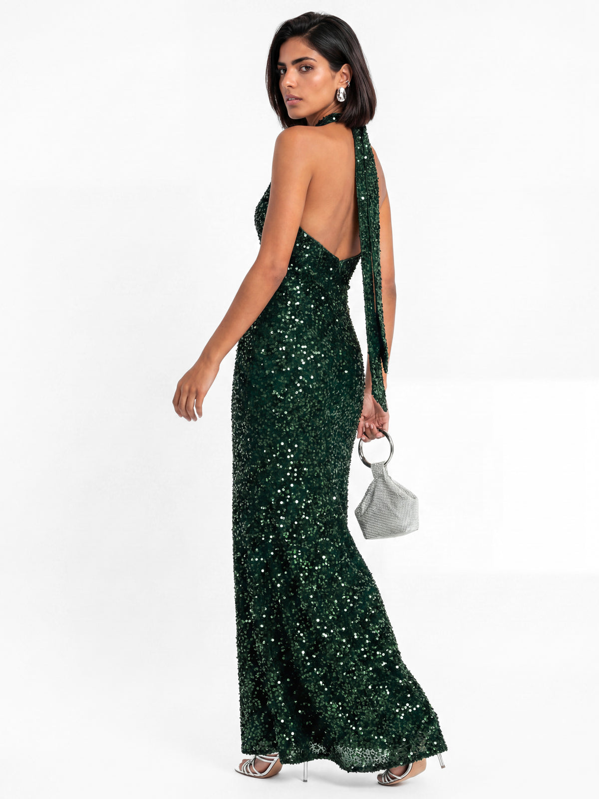 Maya Emerald Green Embellished Halter Neck Velvet Maxi Dress