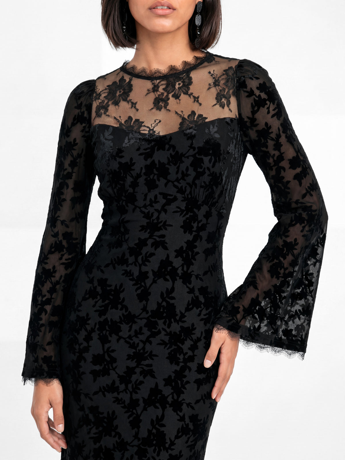 Maya Black Floral Velvet Burnout Bell Sleeve Maxi Dress