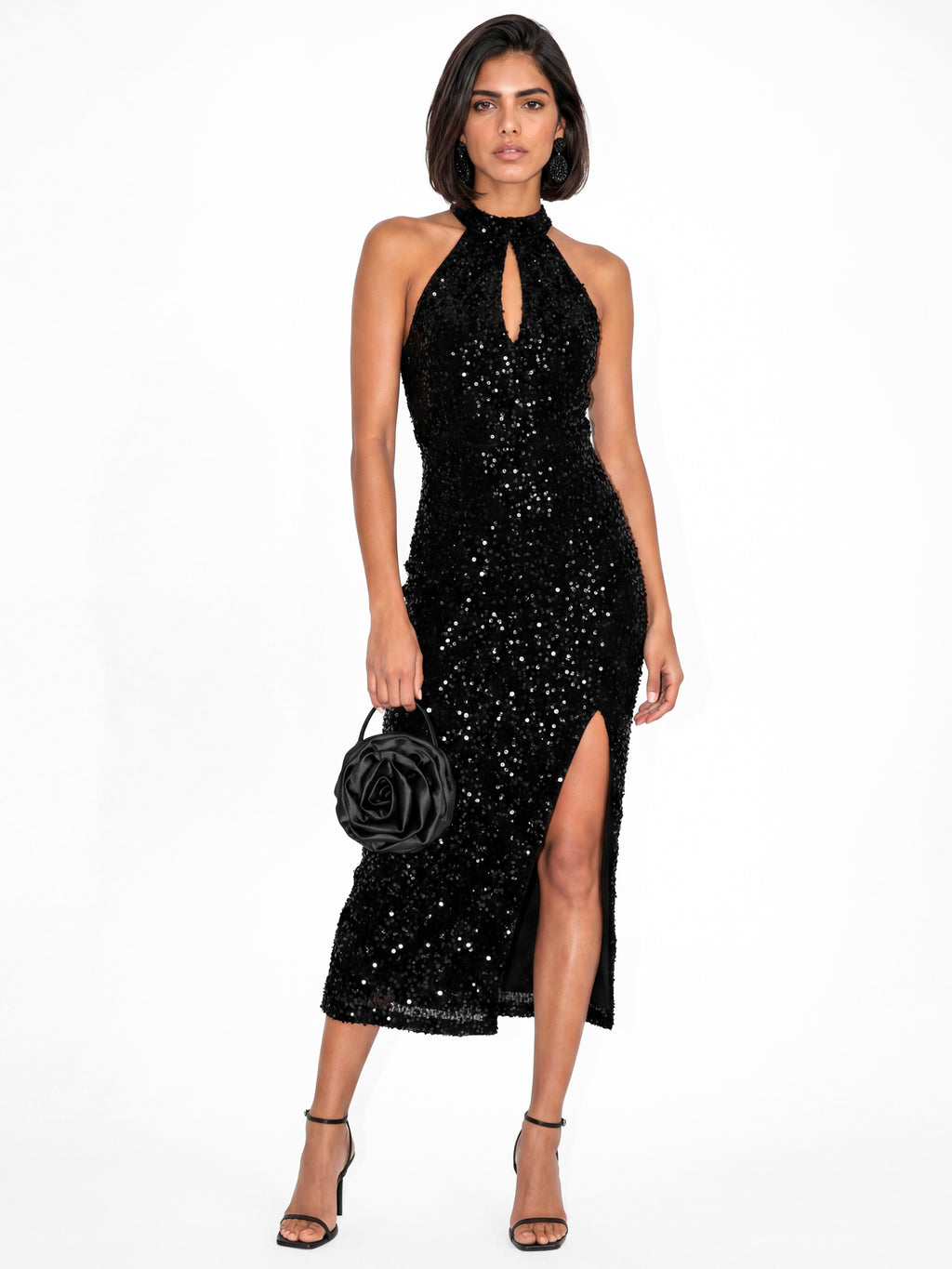 Maya Black Embellished Velvet Halter Neck Midi Dress
