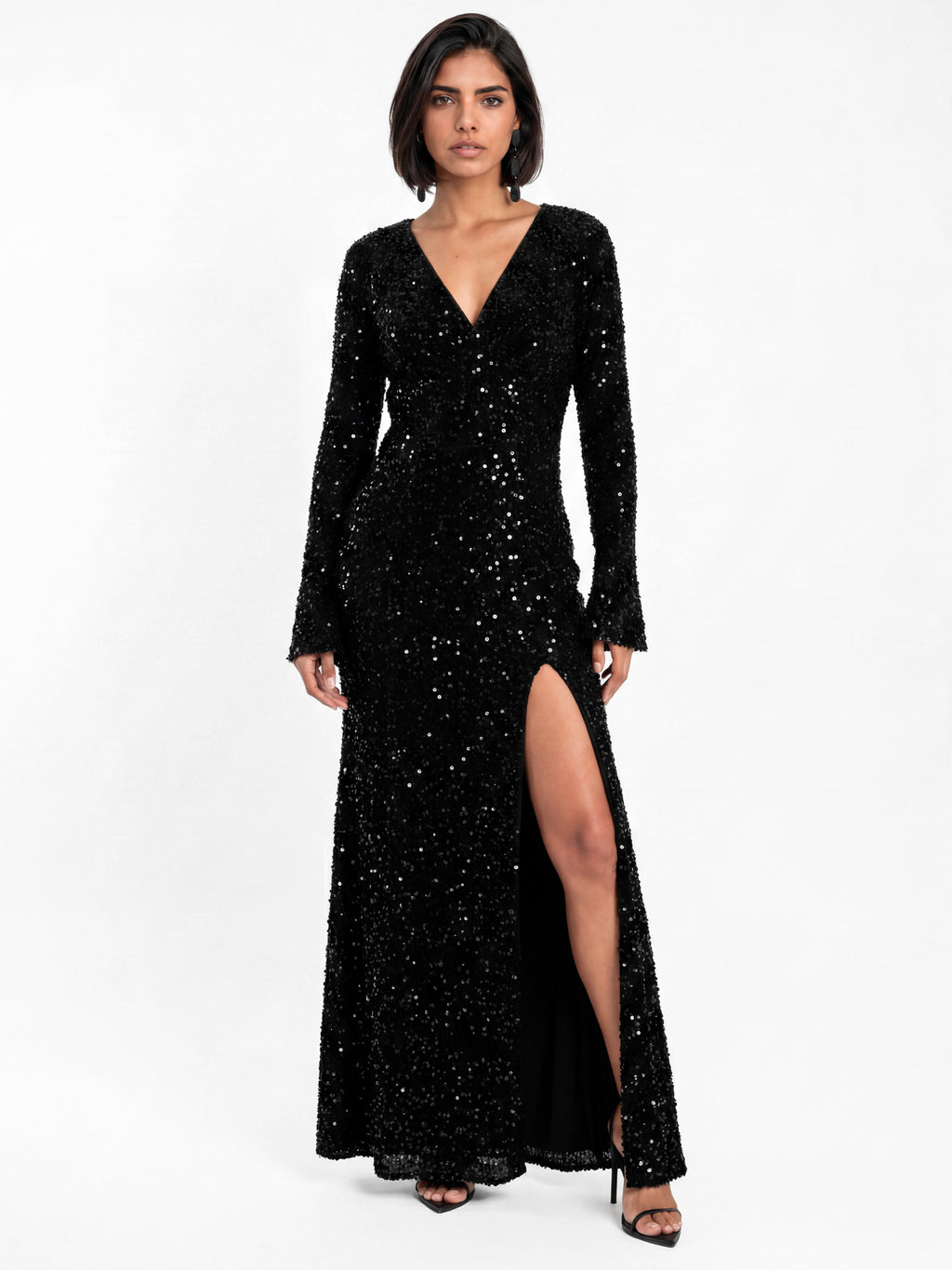 Maya Black Embellished Bell Sleeve Velvet Maxi Dress