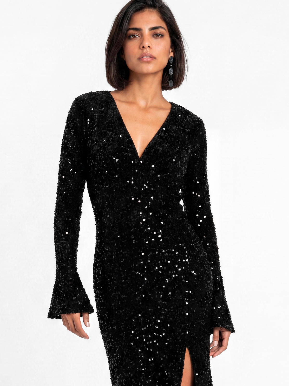 Maya Black Embellished Bell Sleeve Velvet Maxi Dress