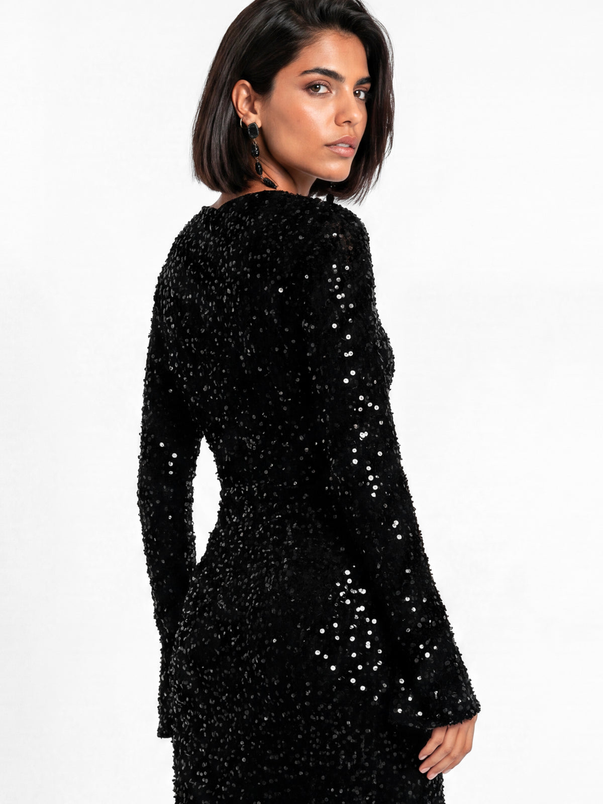 Maya Black Embellished Bell Sleeve Velvet Maxi Dress