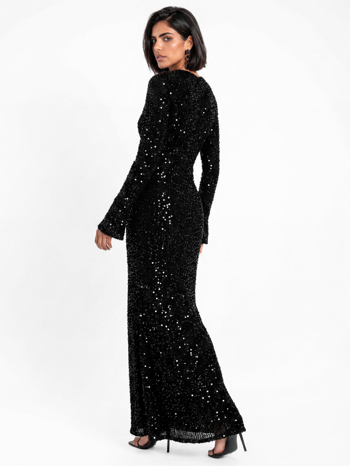 Maya Black Embellished Bell Sleeve Velvet Maxi Dress