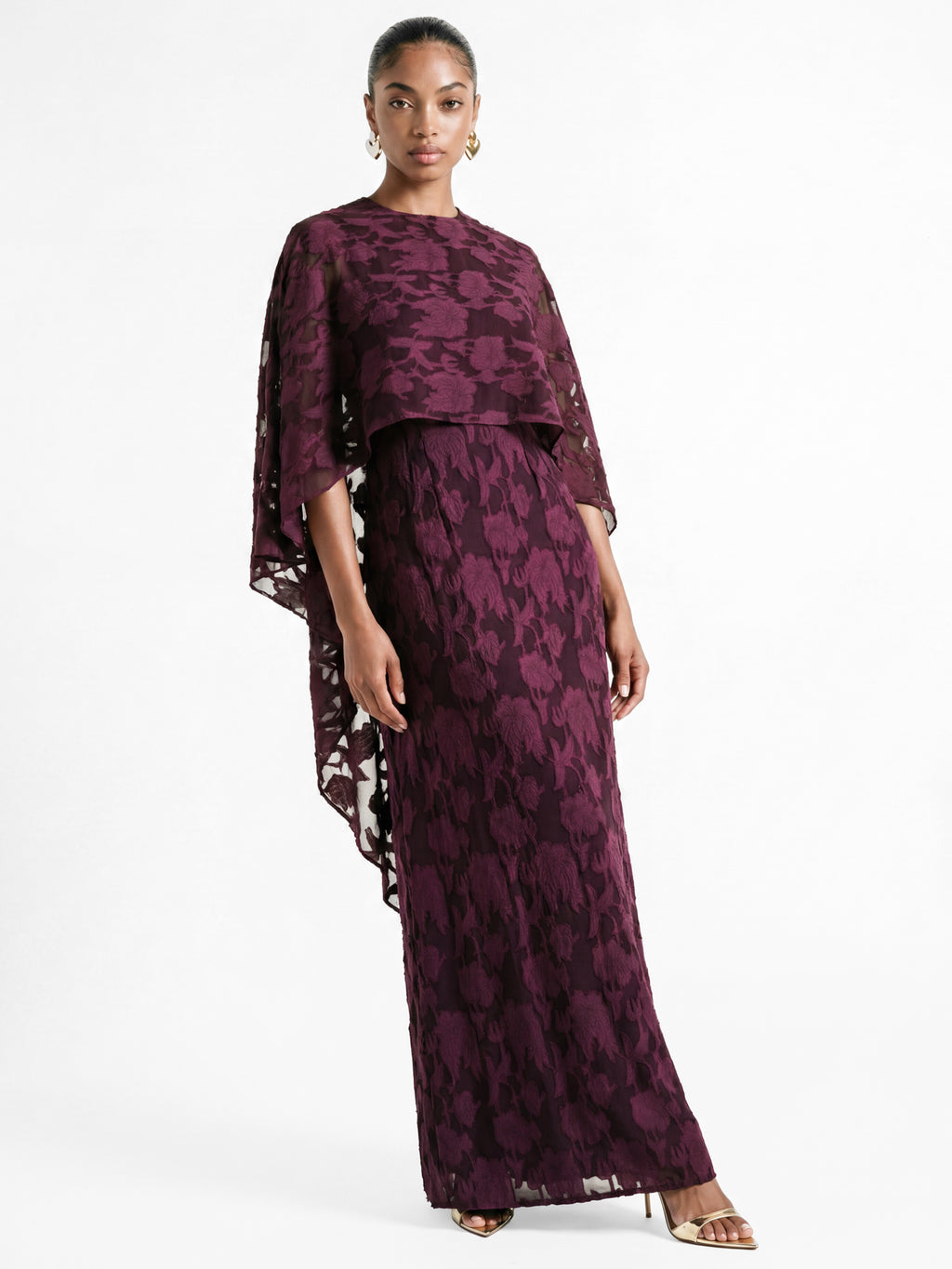 Anaya With Love Recycled Fig Floral Burnout Cape Sleeve Maxi Dress