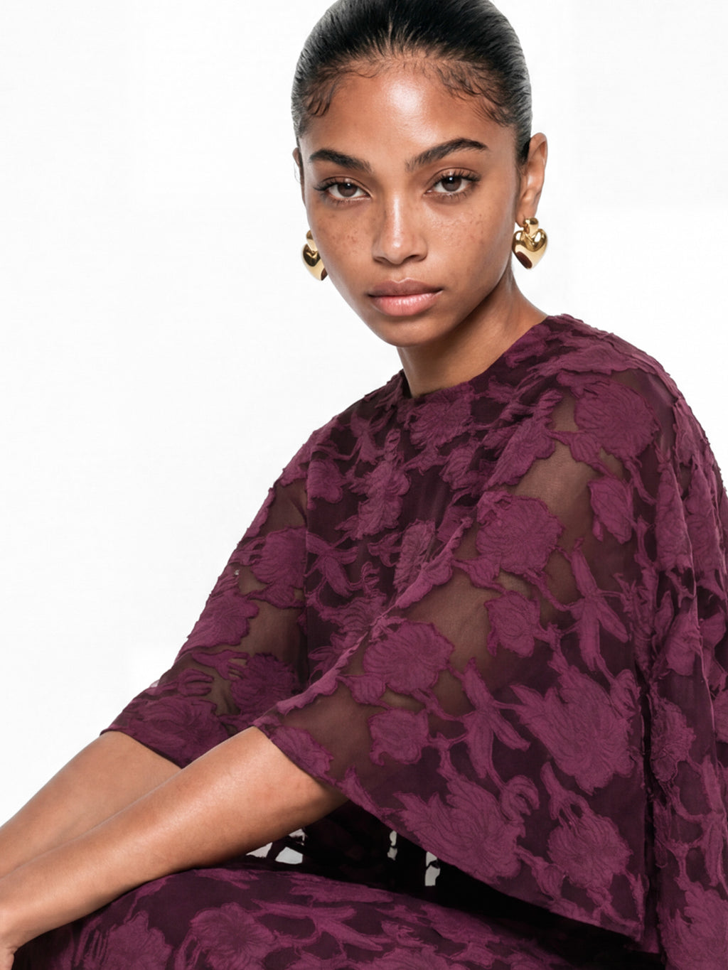 Anaya With Love Recycled Fig Floral Burnout Cape Sleeve Maxi Dress